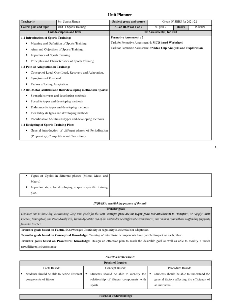 Unit Plan of Sports Training Unit-1 of DC | PDF | Teaching Method ...
