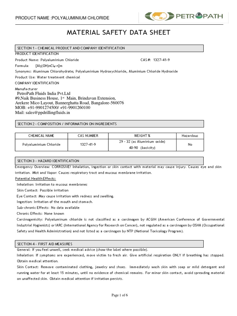 MSDS Petropath PolyaluminiumChloride PDF Chlorine Hydroxide