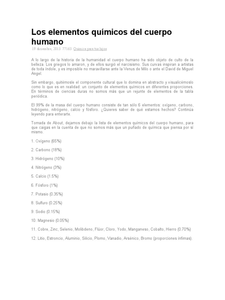 Elementos químicos en el cuerpo humano | PDF | Historia