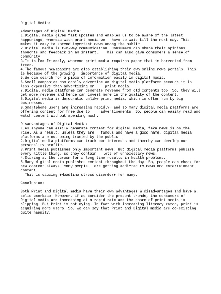 Advantages and Disadvantages of Digital Media PDF Mass Media News