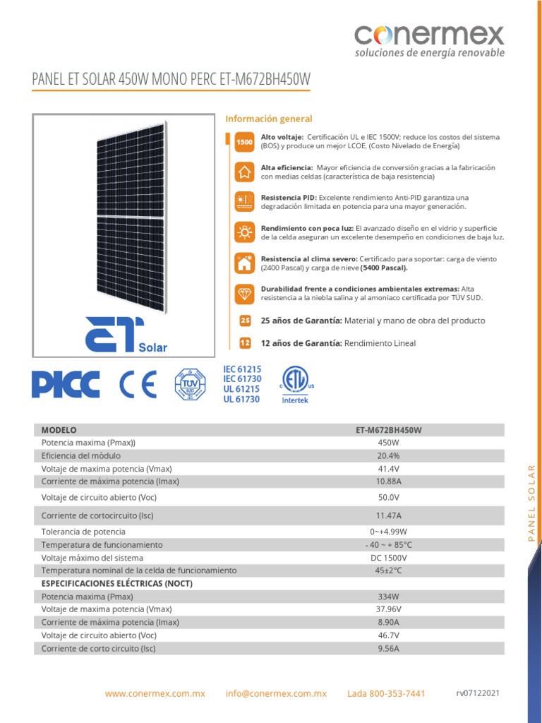 Panel Et Solar 450W Mono Perc Et-M672Bh450W: Información General | PDF ...