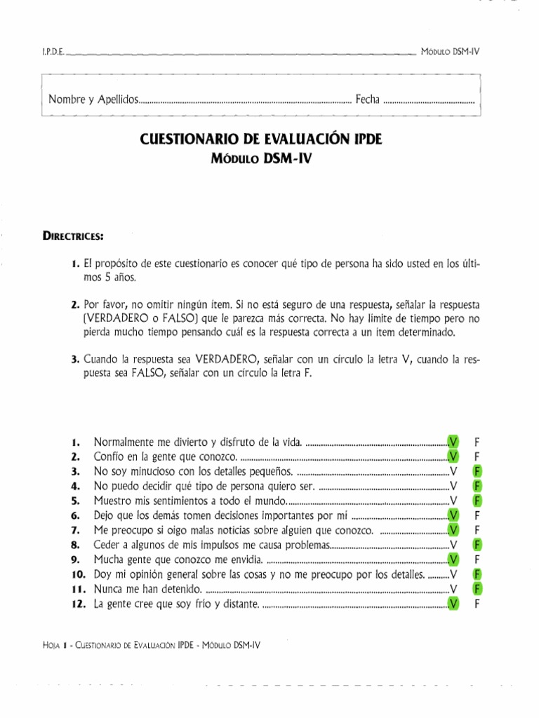 Cuestionario IPDE DSM-IV: Evaluación Personal | PDF | Manual ...