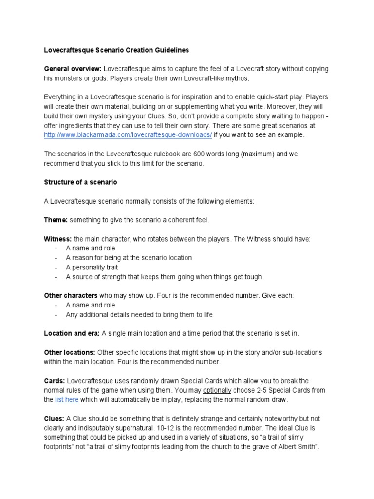 Lovecraftesque Scenario Creation Guidelines | PDF | H. P. Lovecraft ...