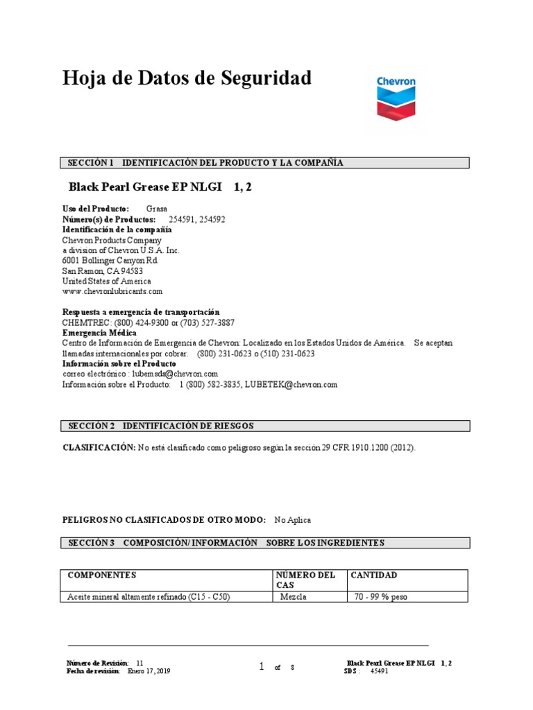 HojaDeSeguridad Chevron Black Pearl Grease EP PDF Toxicidad Agua