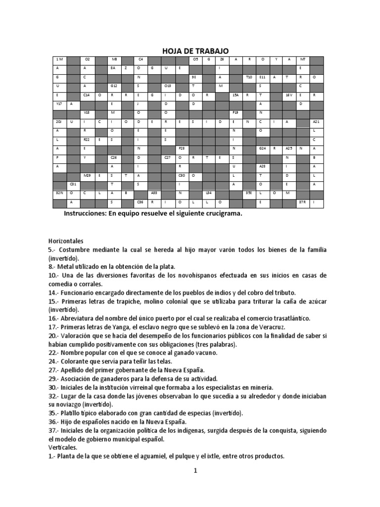 Crucigrama PDF Nueva españa España