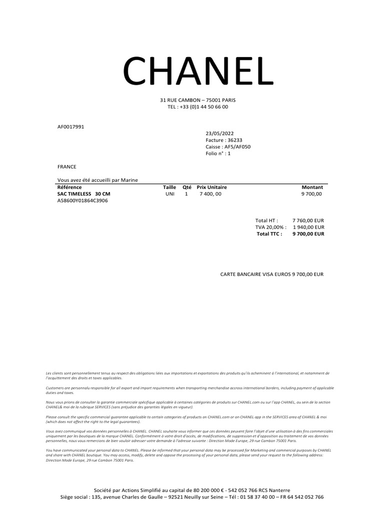 Adresse et Facture de Chanel Paris | PDF | Paiements | Économie