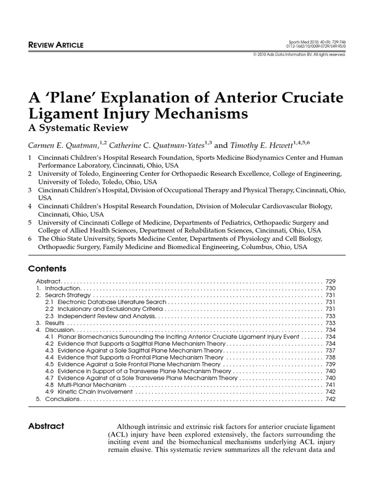 A Plane' Explanation of Anterior Cruciate Ligament Injury Mechanisms ...