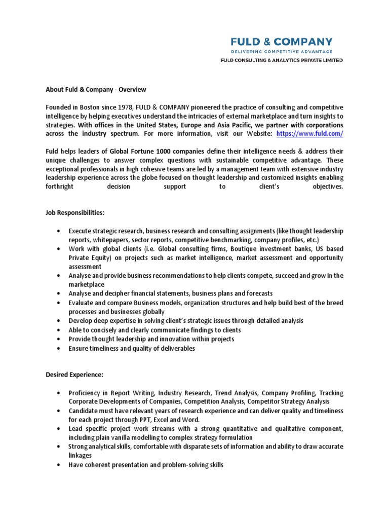 Fuld & Company - JD Business and Strategic Research | PDF | Consultant ...