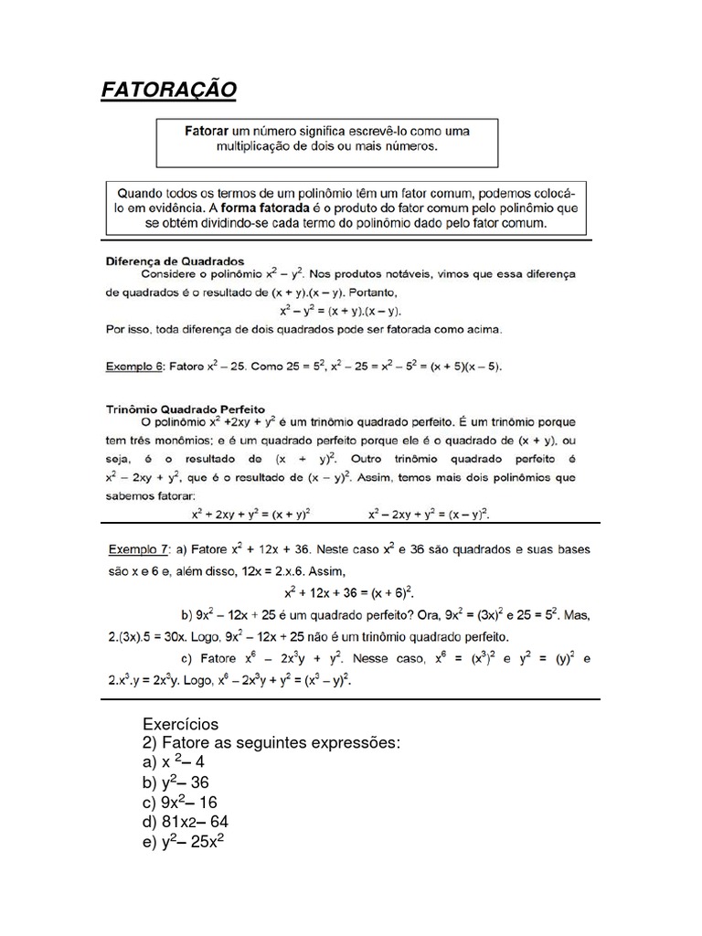 Fatoração: Fatores Comuns em Evidência | PDF | Conceitos matemáticos ...