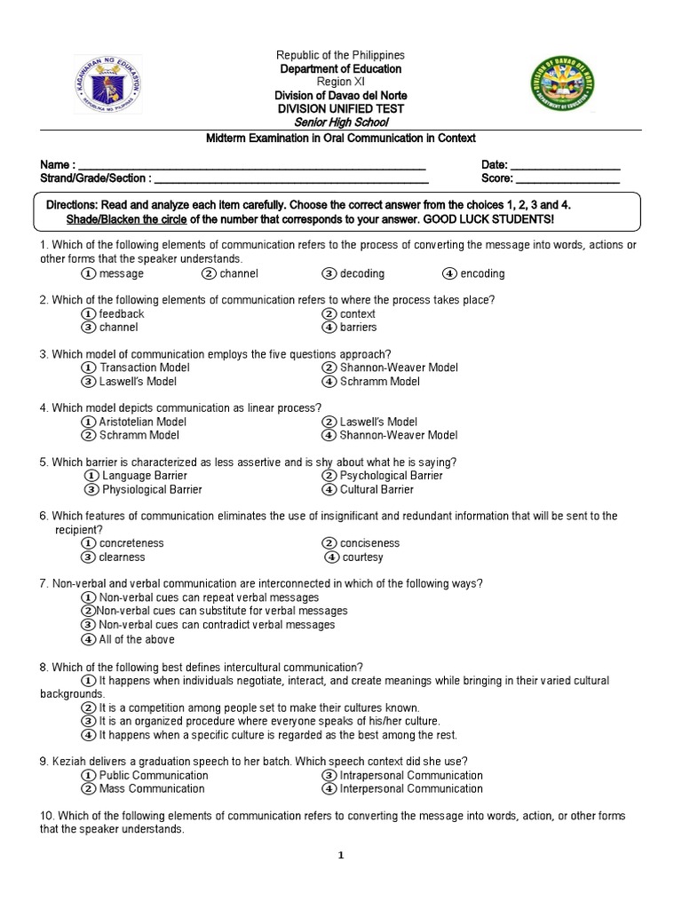 Division Oral Communication Midterm Exam PDF Communication Nonverbal Communication
