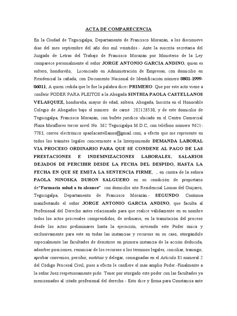 Poder para Demanda Laboral en Honduras | PDF | Honduras | Gobierno