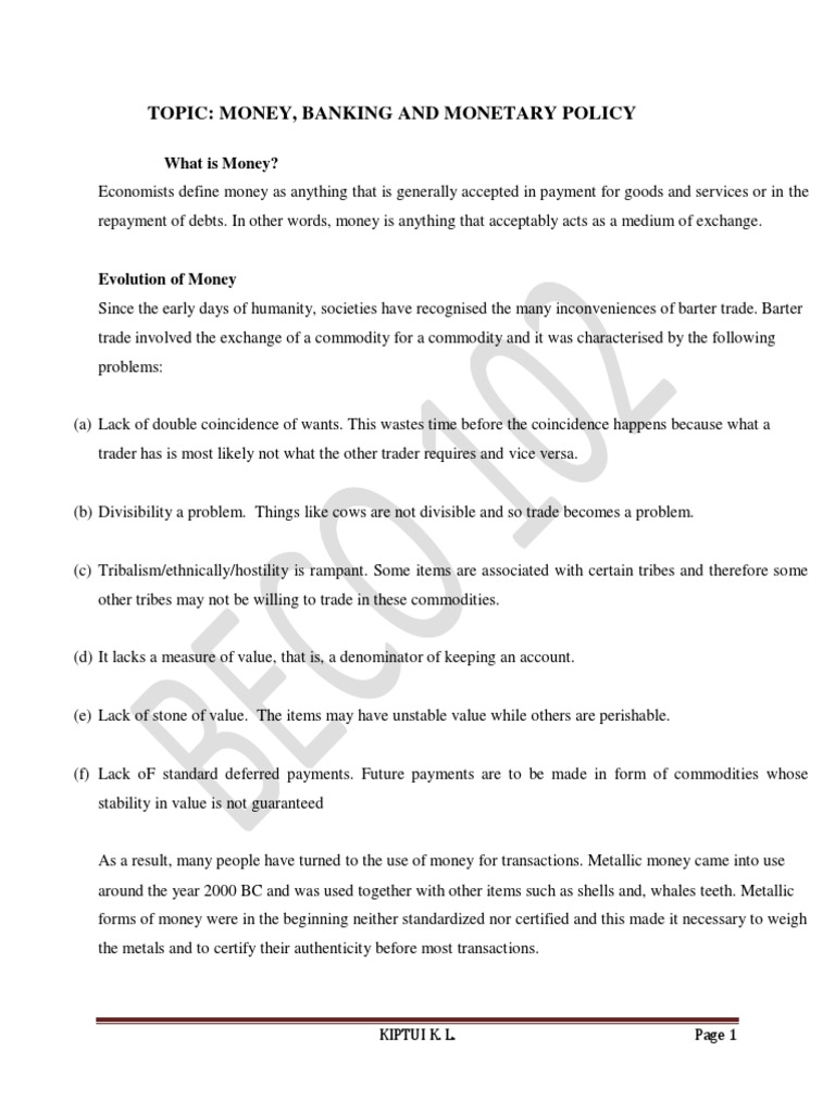 Beco 102 Money and Banking Lecture Notes 2021 PDF Central Banks Money