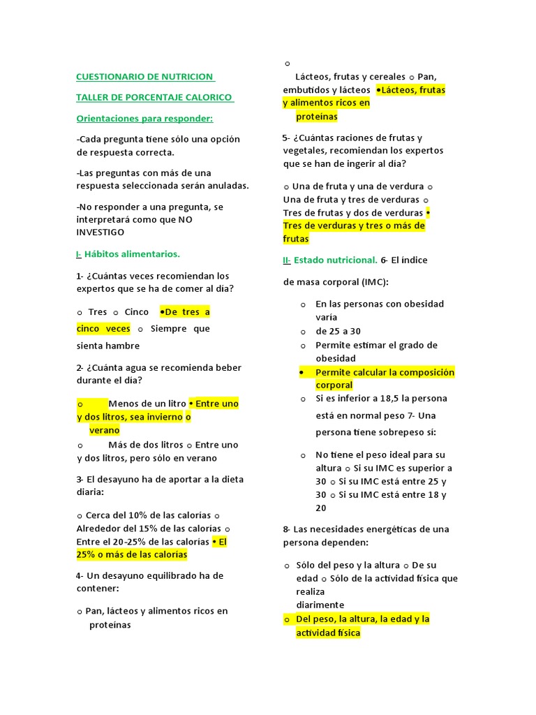 Cuestionario de Nutrición y Hábitos | PDF | Dieta | Alimentos