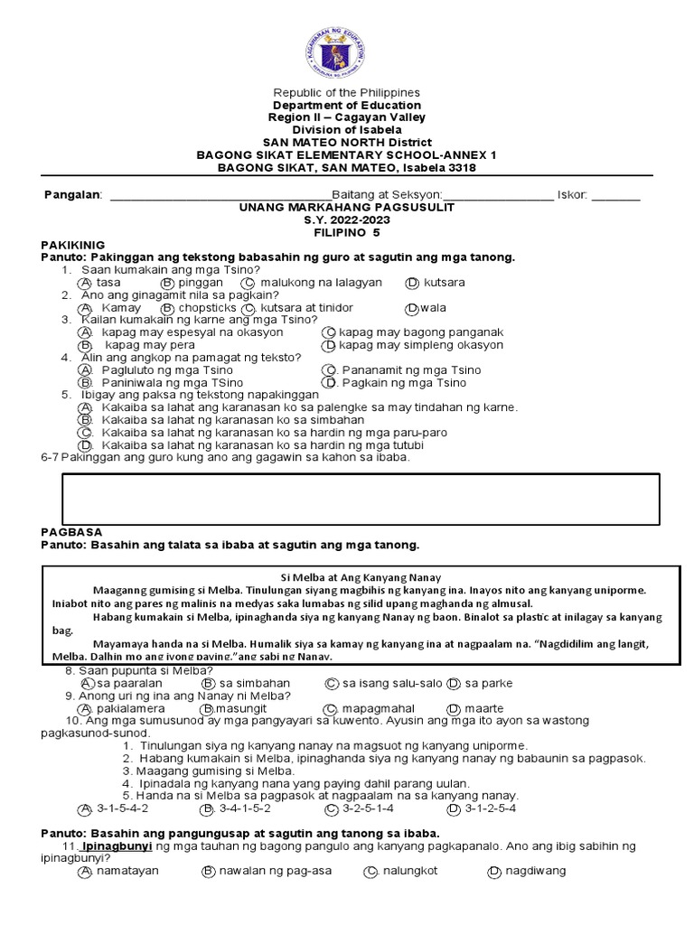 PT - Filipino 5 - Q1 | PDF