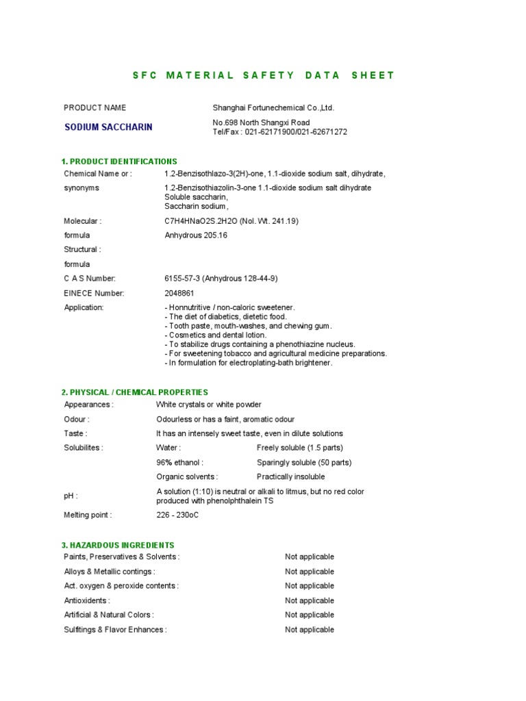 MSDS Sodium Saccharine PDF Toxicity Hygiene
