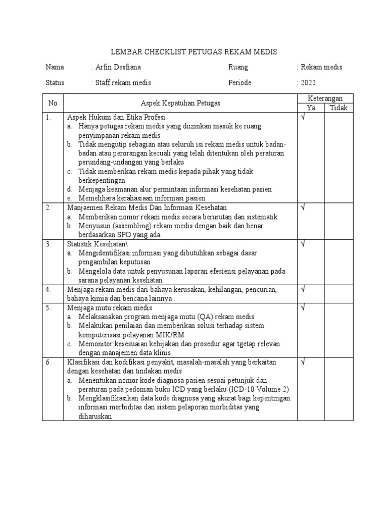 Mrmik 2.1 Ep3 Lembar Checklist Petugas Rekam Medis Dan Dokumen ...