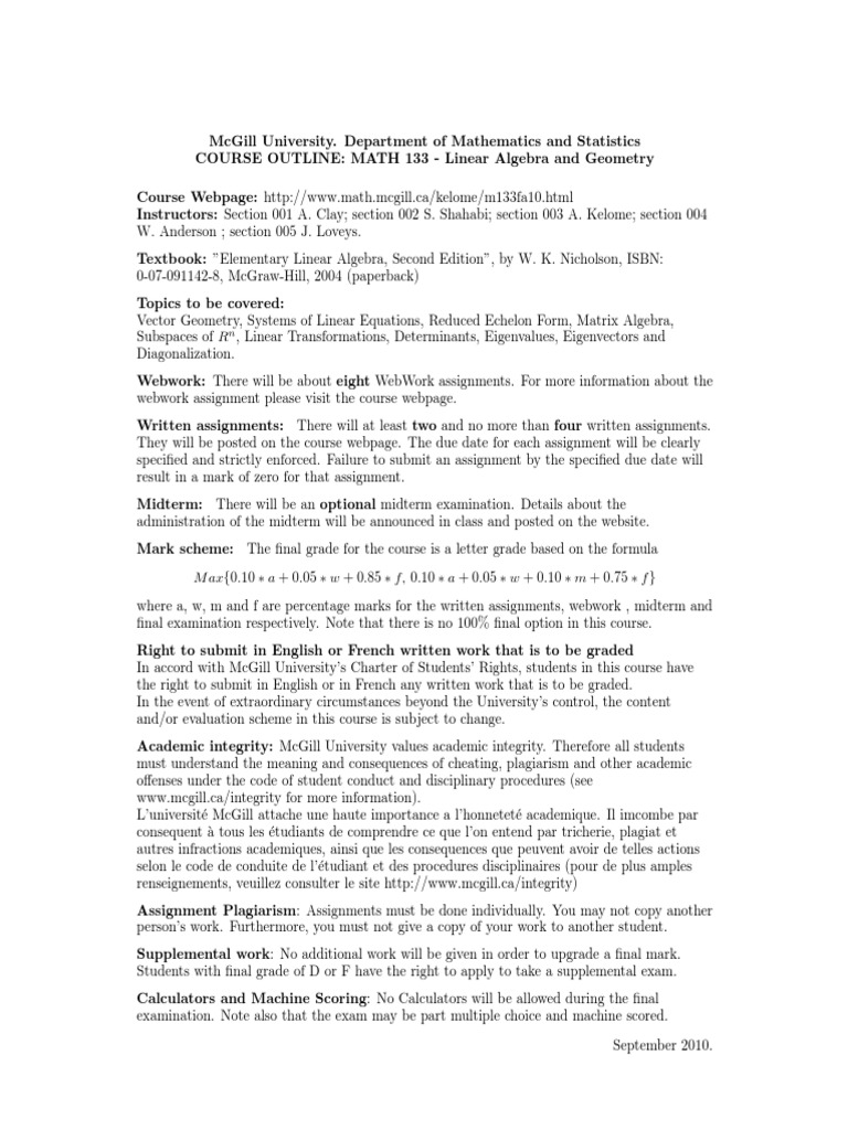 Mcgill Math 133 Download Free Pdf Eigenvalues And Eigenvectors