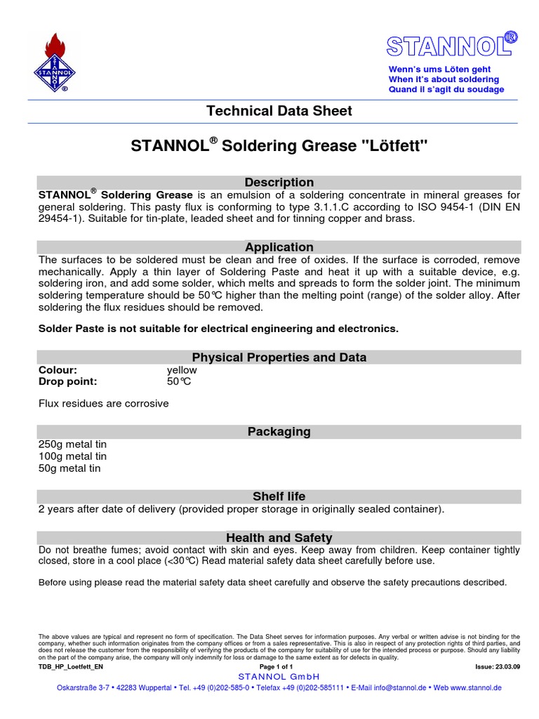 MSDS Stannol Soldering Grease PDF Soldering Solder