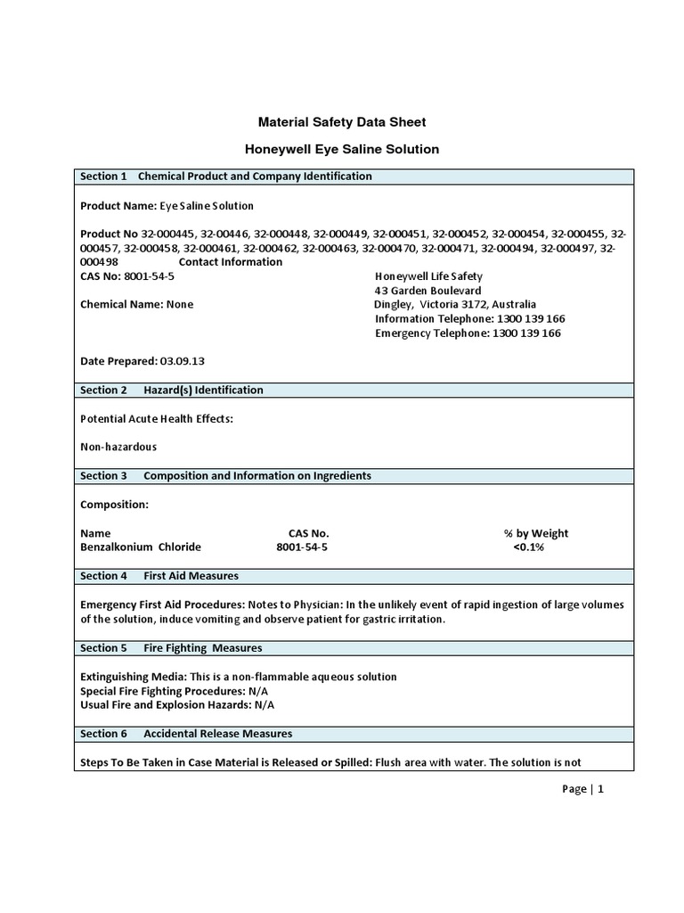 MSDS Honwel Solution Eye Flushing Saline 4 CS PDF Water Occupational Safety And Health