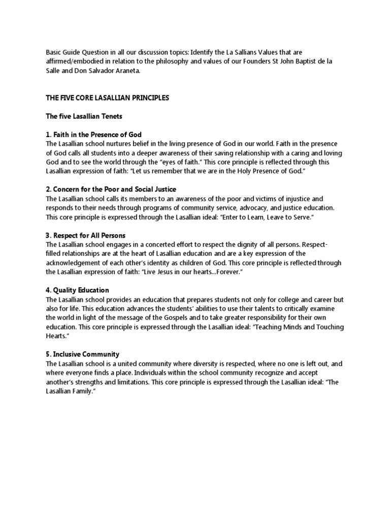 The five core lasallian principles the five lasallian tenets 1 faith
