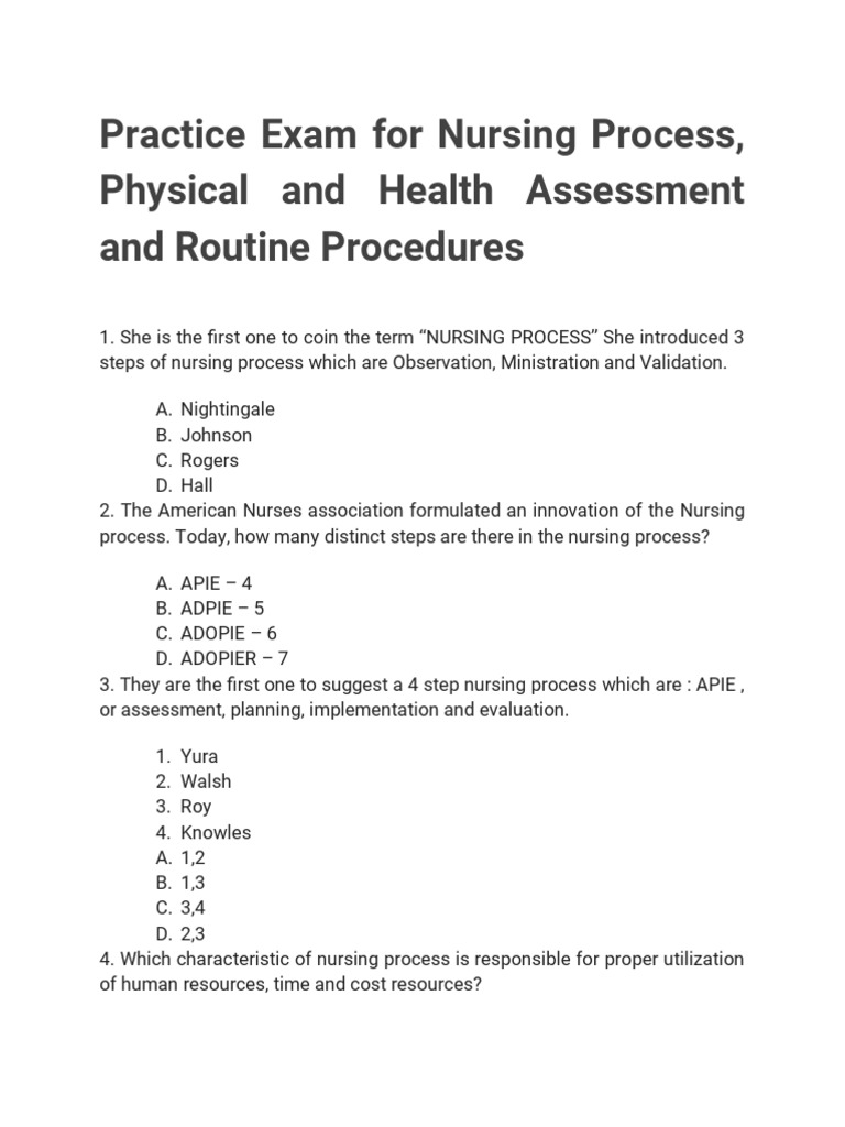 Foundation of Nursing Practice Exam For Nursing Process Physical and