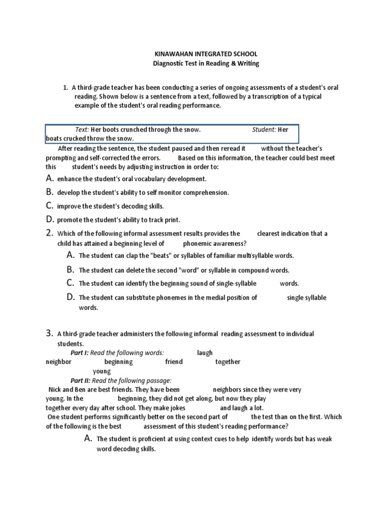 Diagnostic Test Reading and Writing PDF Reading Comprehension