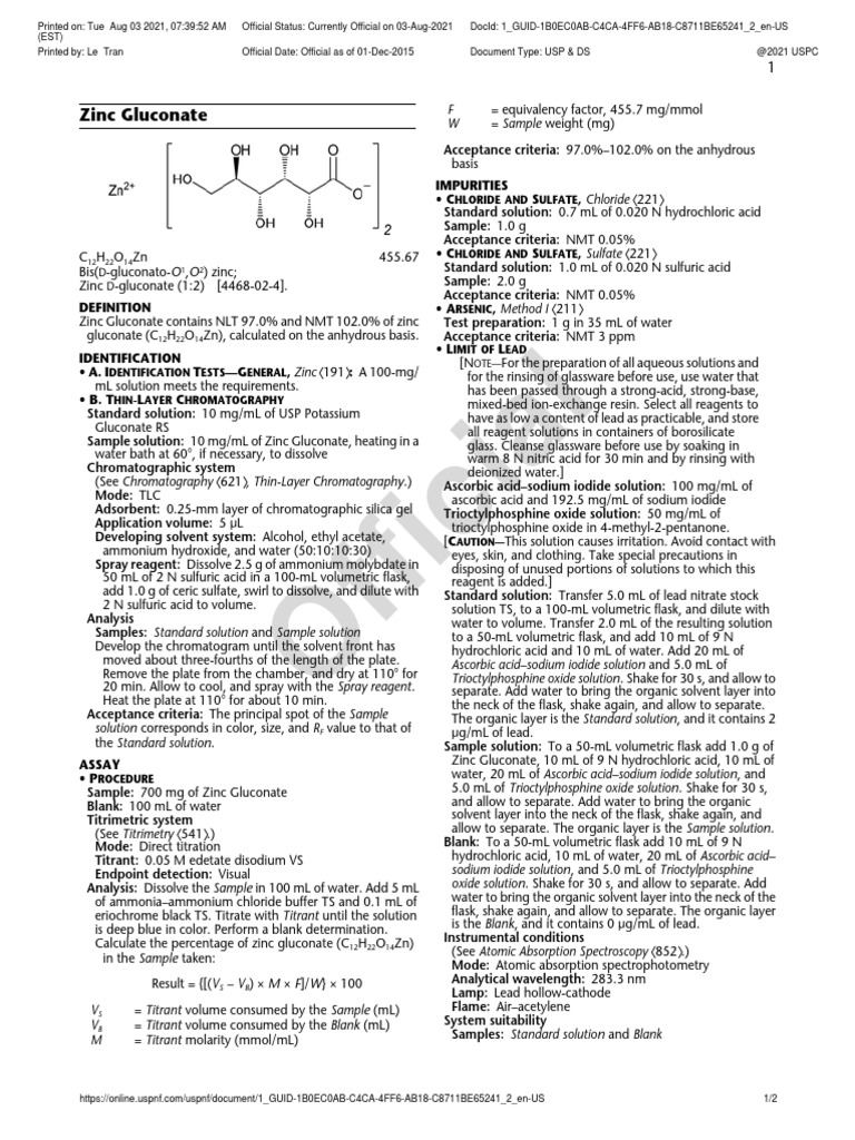 Analysis of Zinc Gluconate Identification Tests, Assay Method, and