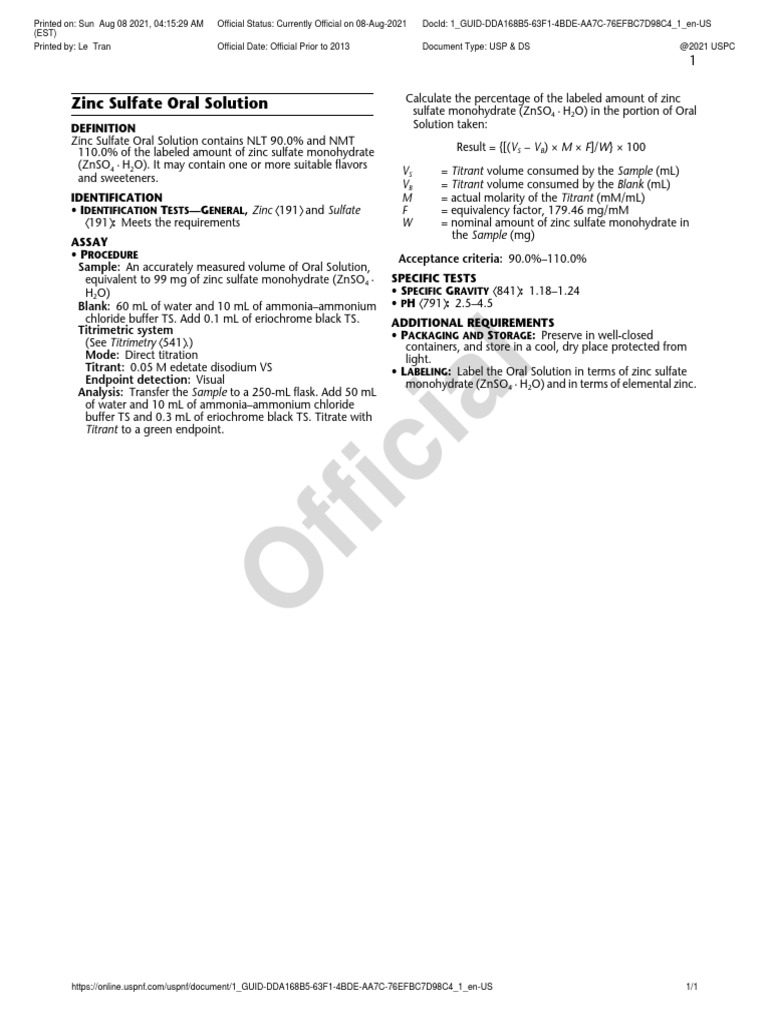 Zinc Sulfate Oral Solution PDF Titration Chemistry