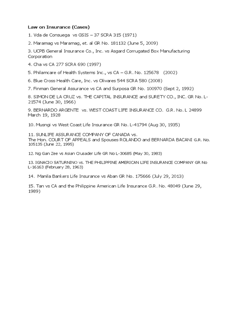 Key Insurance Law Cases Overview | PDF
