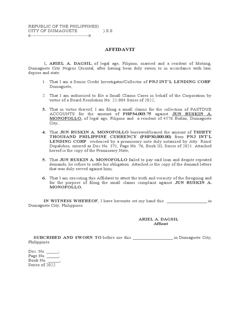 Affidavit For Small Claims PDF Affidavit For Small Claims PDF