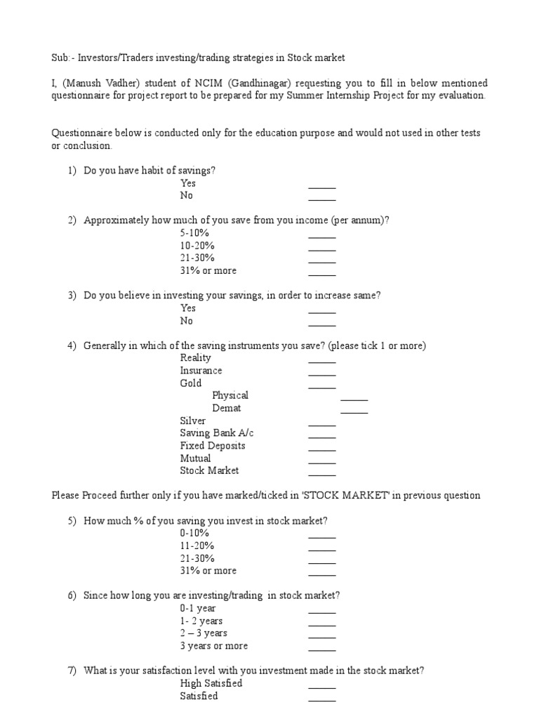 SIP Questionnaire | Stock Market | Investing