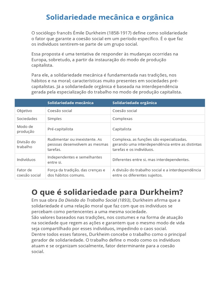 Solidariedade Mecânica e Orgânica de Durkheim | PDF | Sociologia ...