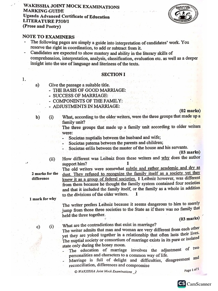 S6 Literature Paper 1 Marking Guide Wakissha Joint Mock Examinations