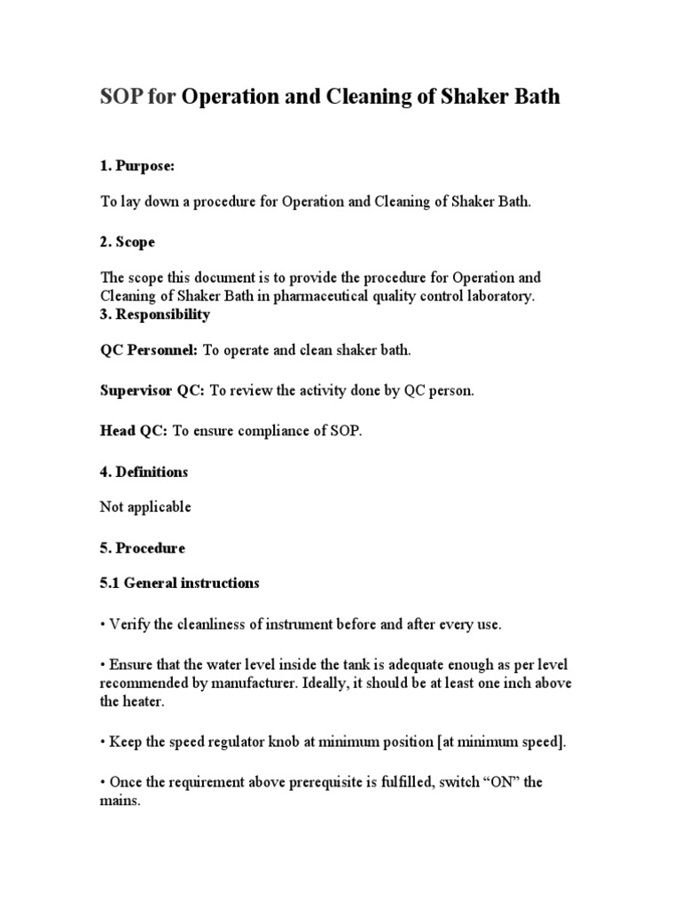 SOP of Operation and Cleaning of Shaker Bath PDF Temperature Water