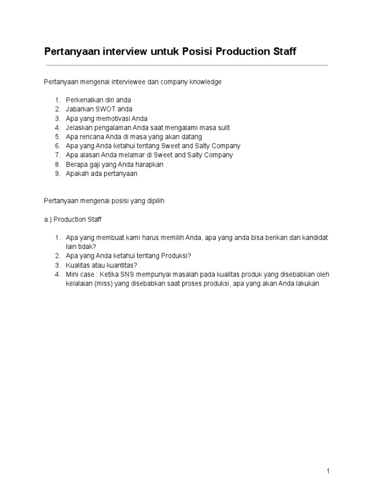Pertanyaan Interview untuk Production Staff | PDF