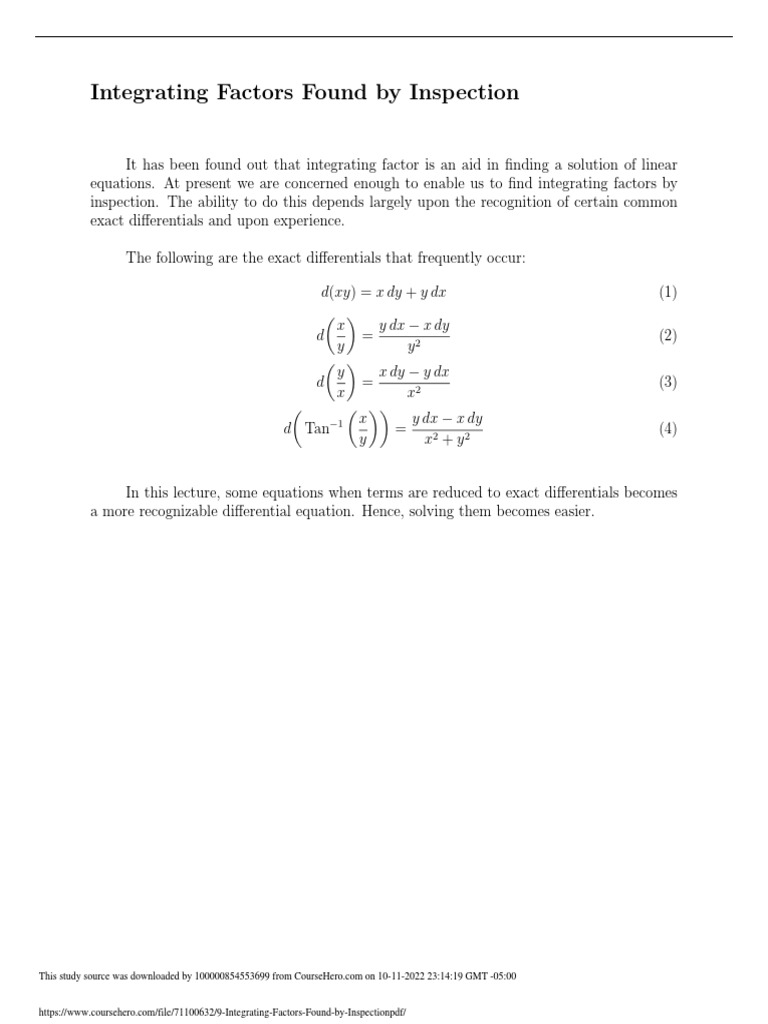9 Integrating Factors Found by Inspection PDF | PDF | Differential ...