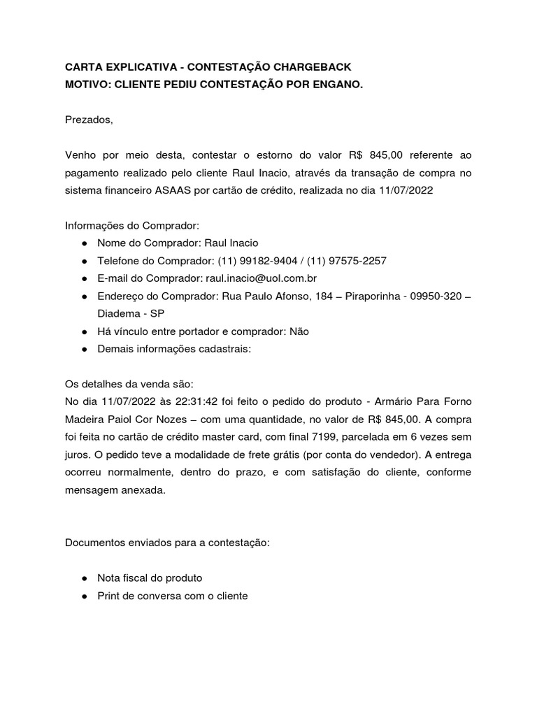 Modelo carta explicativa contesta o chargeback pdf