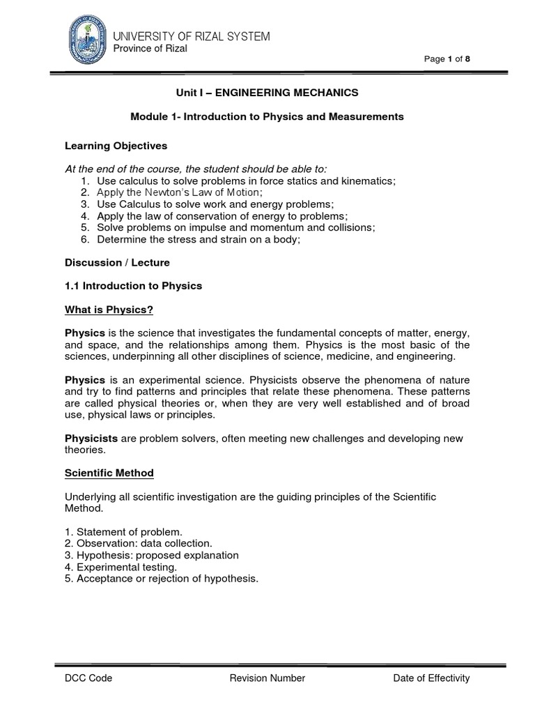 PHYS 1E Physics For Engineers - Module 1 | PDF
