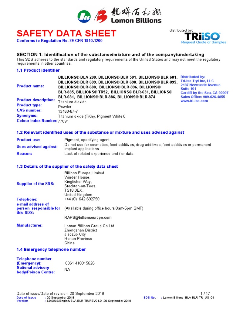 Billions BLR895 Titanium Dioxide SDS PDF