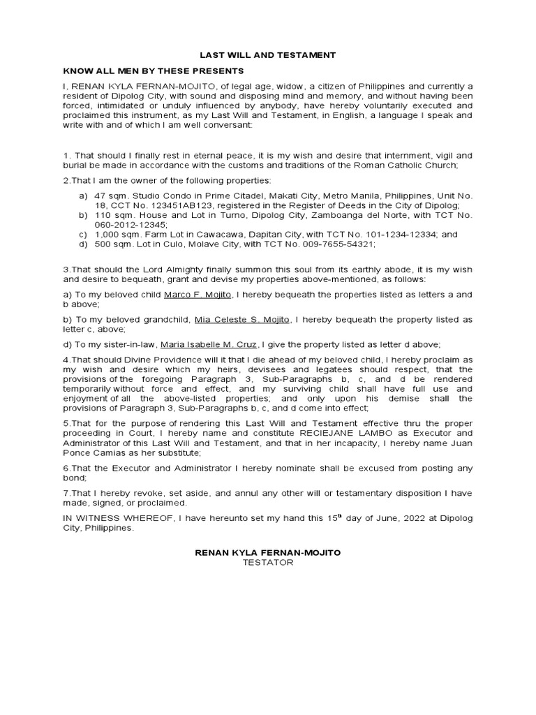 Last Will and Testament PDF Will And Testament Natural Resources Law