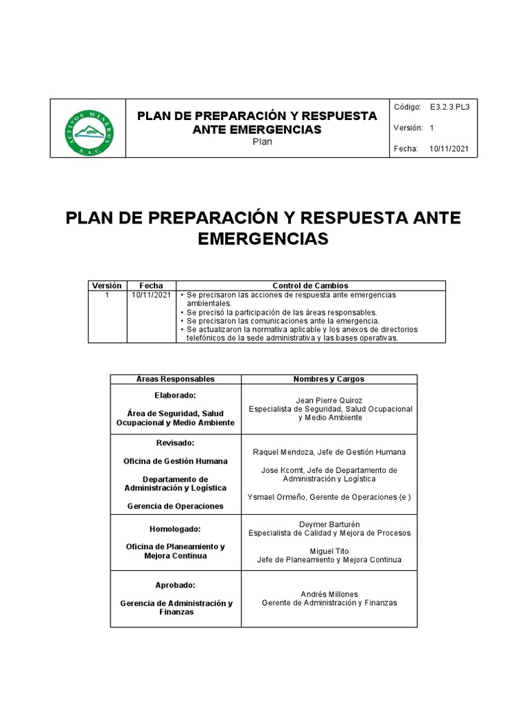 Plan de Preparación y Respuesta ante Emergencias | PDF | Emergencia ...