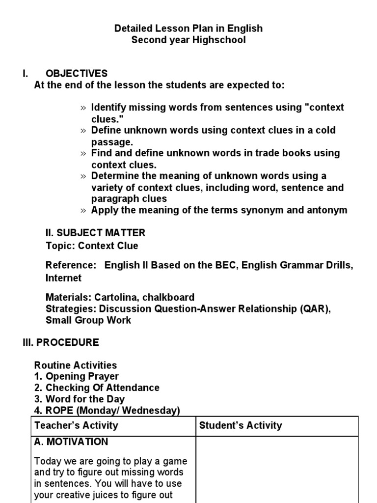 example of presentation in detailed lesson plan