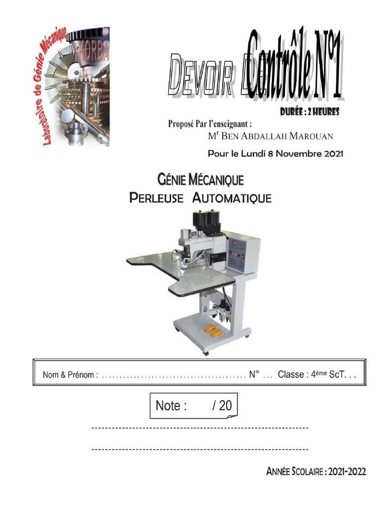 Devoir de Contrôle N°1 4ScT (Perleuse Automatique) 21-22 + Correction | PDF