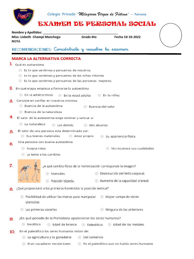 Examen de Personal Social 6to Grado | PDF