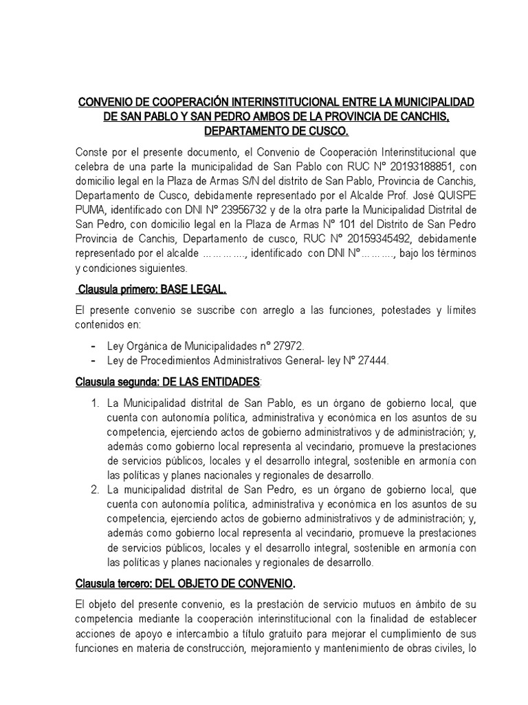 Convenio de Cooperación Interinstitucional Entre La Municipalidad de ...