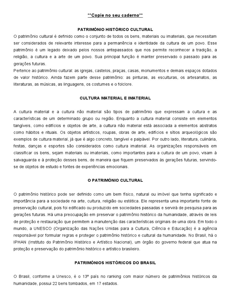 Patrimônio Cultural: Material e Imaterial | PDF | Herança cultural | UNESCO