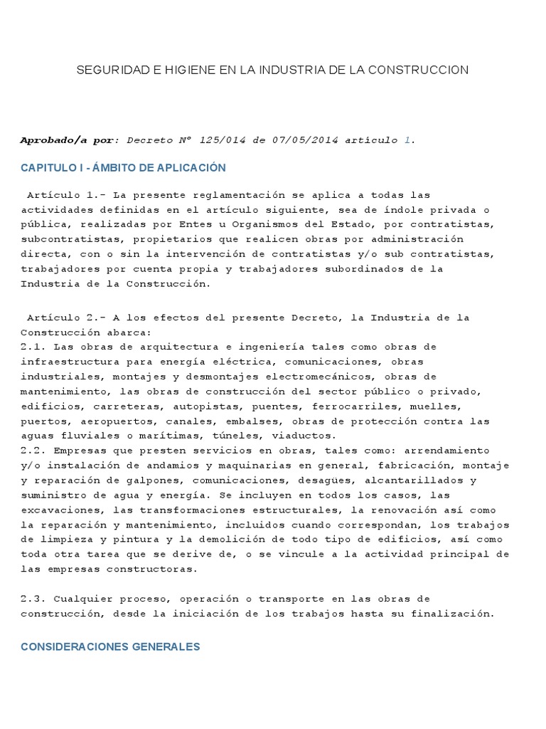 Seguridad en Construcción: Decreto 125/14 | PDF | Andamio | Agua