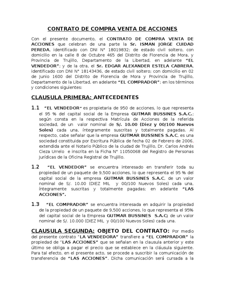 Contrato de compraventa de acciones word