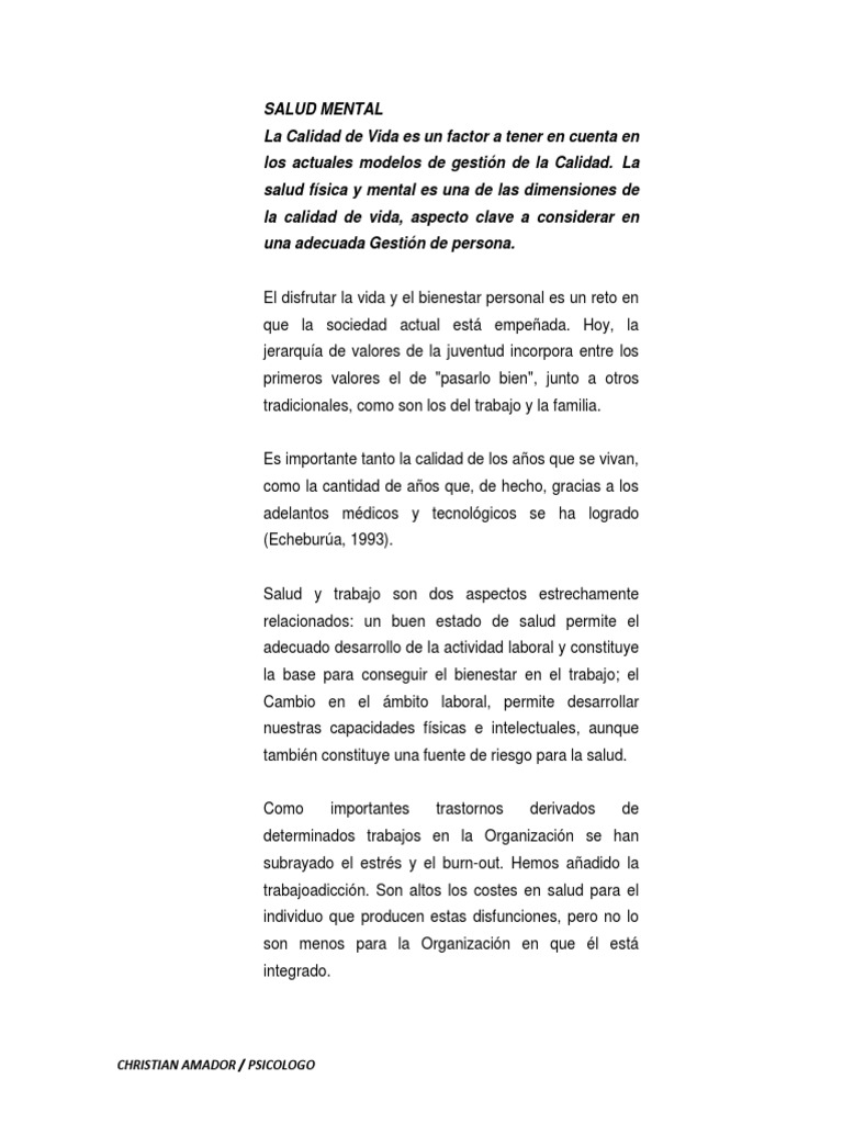 Salud Mental y Calidad de Vida Laboral | PDF | Salud mental | Mente