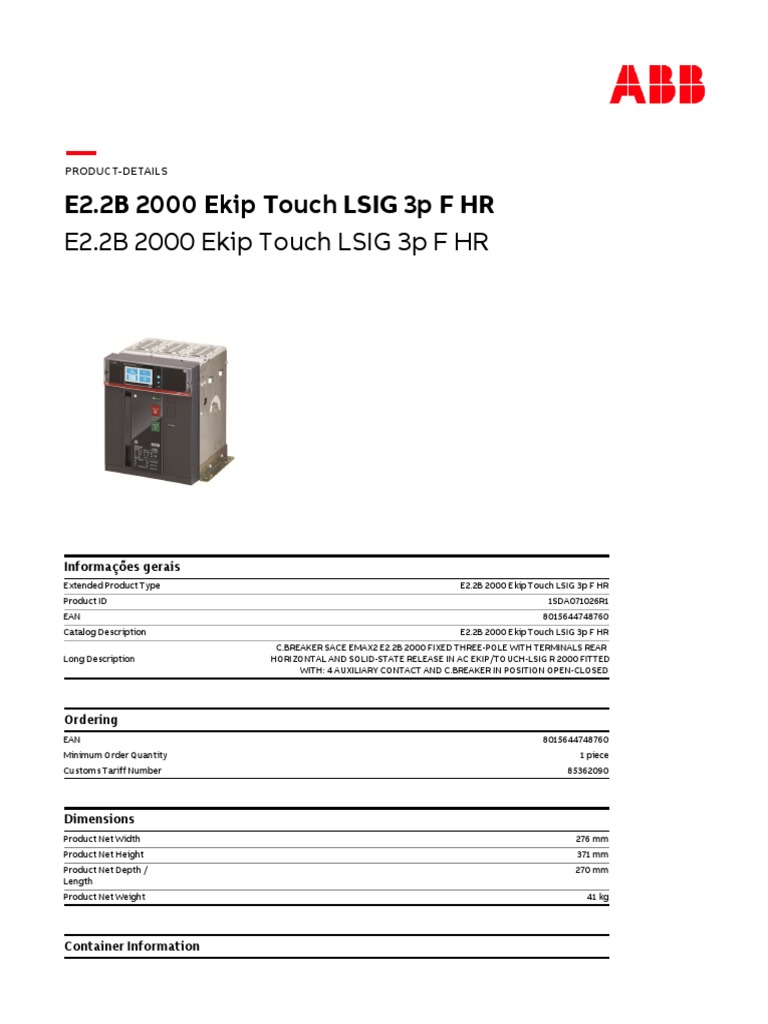 Product Details for E2.2B 2000 Ekip Touch LSIG 3p F HR Air Circuit ...